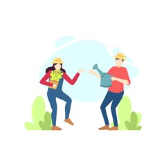 man and woman farmer are talking about plant care people character flat design vector illustration