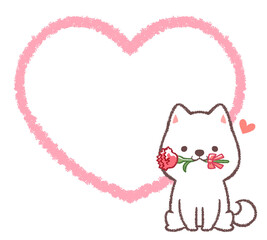 白柴犬とカーネーションのハート線画フレーム