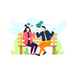 man and woman couple talking about love on park benches people character flat design vector illustration