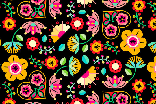 Fototapeta Flowers folk art patterned on black background vector