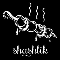 
Meat kebab on skewer vector icon. Hand drawn white outline of a meat dish. Food sketch. Pieces of meat and vegetables on a black background. Monochrome illustration of Caucasian cuisine