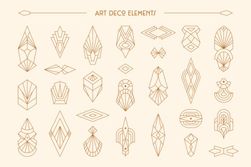 Art Deco Elements Set in Trendy Minimal Liner Style. Vector Geometric Shapes, Retro Design Elements