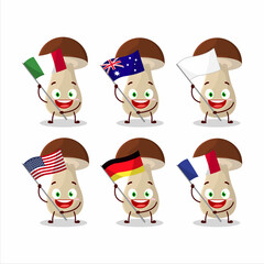 Boletus edulis cartoon character bring the flags of various countries