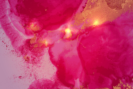 Abstract pink, magenta and gold fluid art alcohol ink pattern with marble texture. Modern luxury background with watercolor splash and golden glitter for poster, flyer, brochure design.