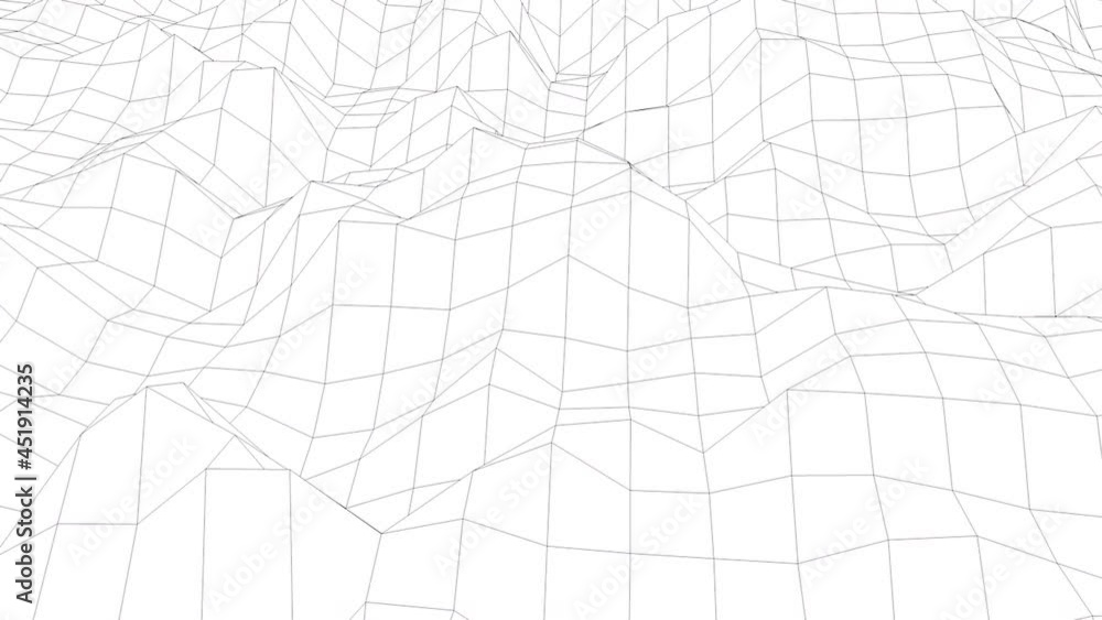 Poster wavy wireframe with black lines, liquid surface imitation, 3d rendering computer generated backdrop