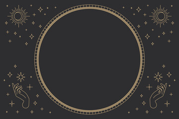 Two open hands vector round frame linear style on black background