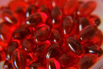  Krill oil capsules background.omega fatty acids. Natural supplements and vitamins.Red capsules...