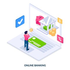 Online banking concept. The man uses banking services via laptop. Finance accounts, operations and services. Isometric vector illustration on white background.