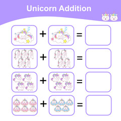 Unicorn Addition Math Game for Preschool. Counting Game Worksheet for Children. Educational printable math worksheet. Additional math games for kids. Vector illustration. 