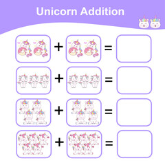 Unicorn Addition Math Game for Preschool. Counting Game Worksheet for Children. Educational printable math worksheet. Additional math games for kids. Vector illustration. 