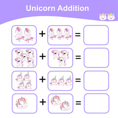 Unicorn Addition Math Game for Preschool. Counting Game Worksheet for Children. Educational printable math worksheet. Additional math games for kids. Vector illustration. 