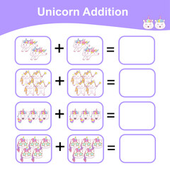 Unicorn Addition Math Game for Preschool. Counting Game Worksheet for Children. Educational printable math worksheet. Additional math games for kids. Vector illustration. 