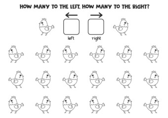 Left or right with black and white hen. Logical worksheet for preschoolers.