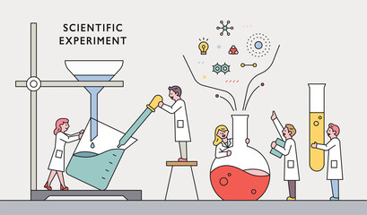 Scientists are experimenting with huge experimental equipment. vector design illustrations. - obrazy, fototapety, plakaty