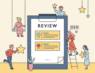 People holding stars around a large review sheet. vector design illustrations.