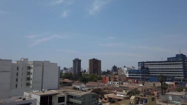 4k video of an helicopter flying away from the Central Hospital FAP in Lima, Peru - near Aramburu and Tacna streets, pan left, 60 fps