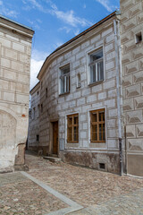 Street corner with old houses with sgraffito facades, a special carving technique in slavonice in the czech republic