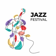 Jazz music festival banner with a man playing cello instrument. Trendy continuous one line drawing with colorful splash. © ngupakarti