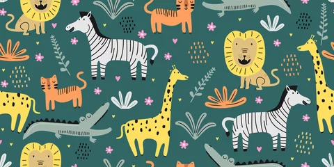 Wall murals Out of Nature Cute animal seamless pattern with jungle drawing. Hand drawn floral animal seamless pattern on the white background. Exotic jungle wallpaper.
