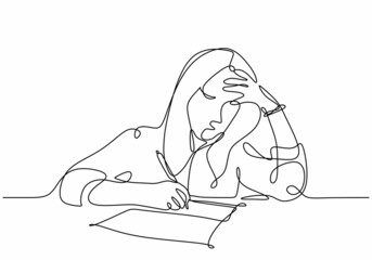 Young woman have thinking problem and frustrated, continuous line drawing minimalist style, vector illustration.