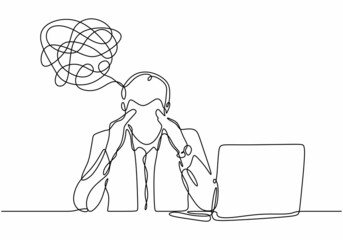 continuous line drawing of depressed man with problem in mind, vector illustration businessman has trouble and stress with his job in office. - obrazy, fototapety, plakaty