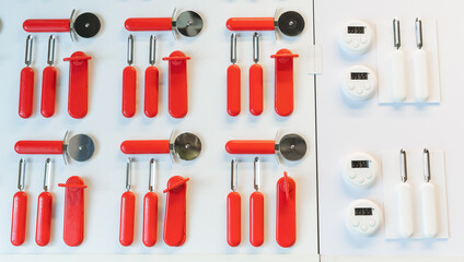 A set of appliances for the kitchen. Peeler. Thermometer.