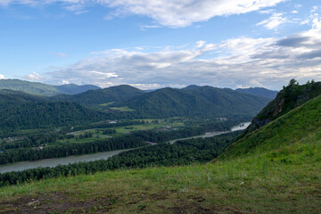 Fototapeta na wymiar green trees and river in a mountain valley
