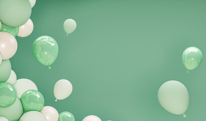 Bunch of Birthday Balloons Flying for Party and Celebrations With Space for Message Isolated in Pastel blue and green , white banner background. 3d render illustration.
