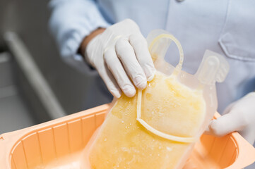 Close up scientist hand holding fresh frozen plasma bag in storage blood refrigerator at blood bank...