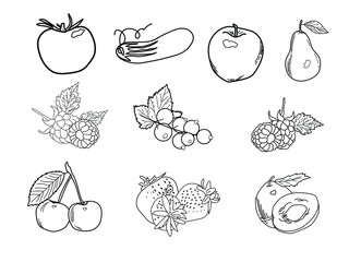 Contour black and white icons of stickers of fruits, vegetables, berries for home canning on a white isolated background.