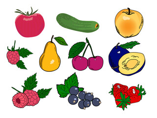 Colored stickers icons of fruits, vegetables, berries for home canning on a white isolated background.