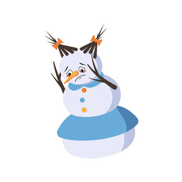 Cute Christmas snow woman with sad emotions, depressed face, down eyes, arms and legs. Joyful New Year festive decoration with depression expression