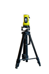 Yellow laser level on a tripod isolated on a white background - obrazy, fototapety, plakaty