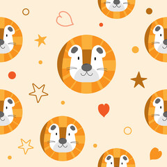 Cute face baby little lion king seamless pattern on yellow pastel background. Creative scandinavian kids texture for fabric, wrapping, textile, wallpaper, apparel. Vector illustration.