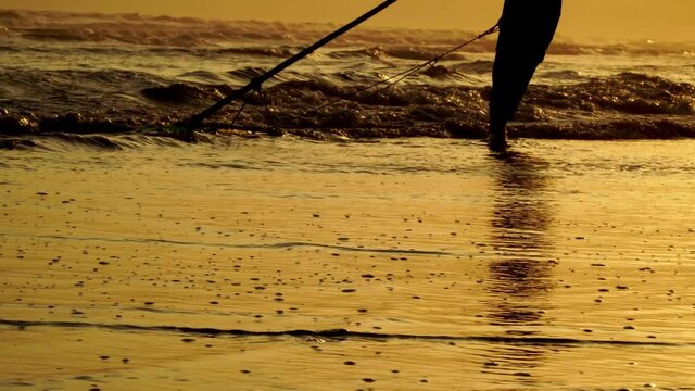 Silhouette of person pulling out seashell cathing equipment from ocean water, golden sunset