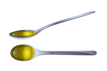 Yellow olive oil in spoons in cartoon style.