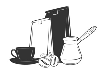 Coffee set from cups, packaging turks and coffee beans isolated on white background. Vector illustration