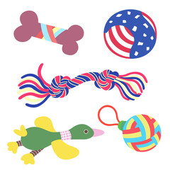 Dog toys include balls, rope, bones, and ducks made of cloth.