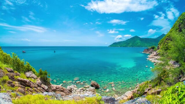 4k landscape timelapse movement "Ao Hin Ngam" bay rock beach, clear water beach, stone and blue sky  cloud on summer , baan Chaloklum ,koh pha ngan ,Suratthani ,south of thailand