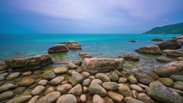 4k landscape timelapse movement "Ao Hin Ngam" bay rock beach, clear water beach, stone and blue sky  cloud on summer , baan Chaloklum ,koh pha ngan ,Suratthani ,south of thailand