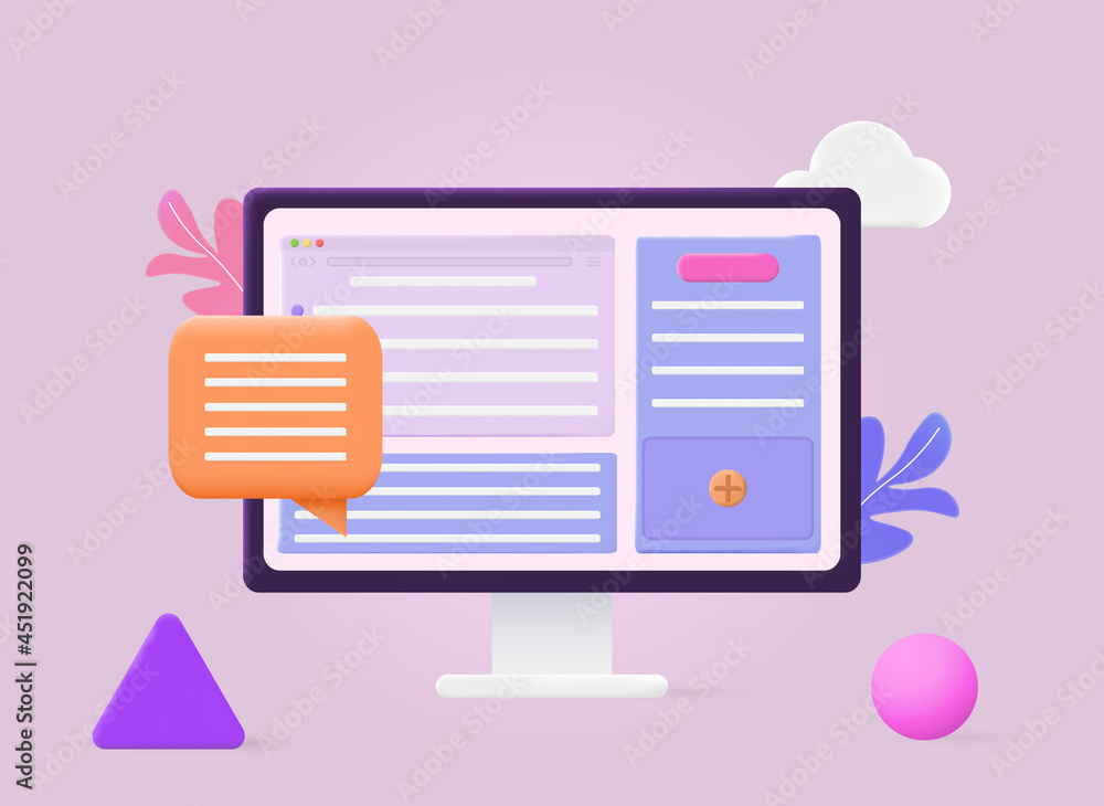 Poster computer with open pages. concept of creating user interface. screen with messages and notifications