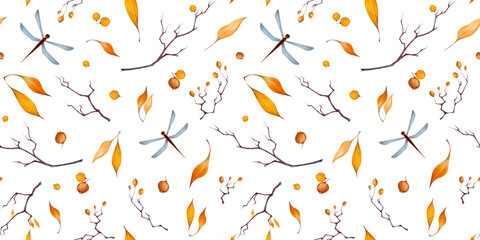 Watercolor autumn Halloween seamless pattern in cartoon style with illustration of branch, autumn leaves, orange hawthorn berries, dragonfly. Natute elements isolated on white background.