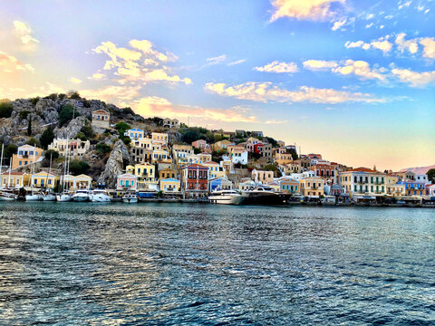Beautiful landscape of Symi Ano, Greece from the water