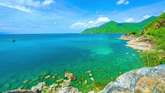 4k landscape timelapse movement "Ao Hin Ngam" bay rock beach, clear water beach, stone and blue sky  cloud on summer , baan Chaloklum ,koh pha ngan ,Suratthani ,south of thailand