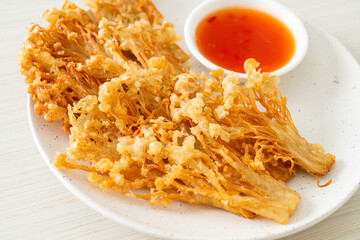 deep fried enoki mushroom or golden needle mushroom with spicy dipping sauce