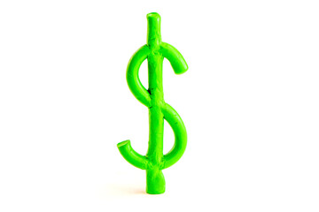 Symbol of dollar  from plasticine on white background. finance concept