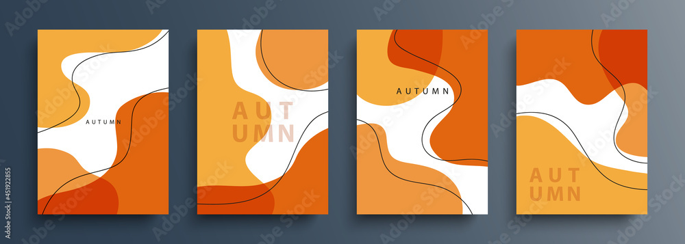 Poster autumn backgrounds with various dynamic liquid shapes and black outlines for your creative graphic d