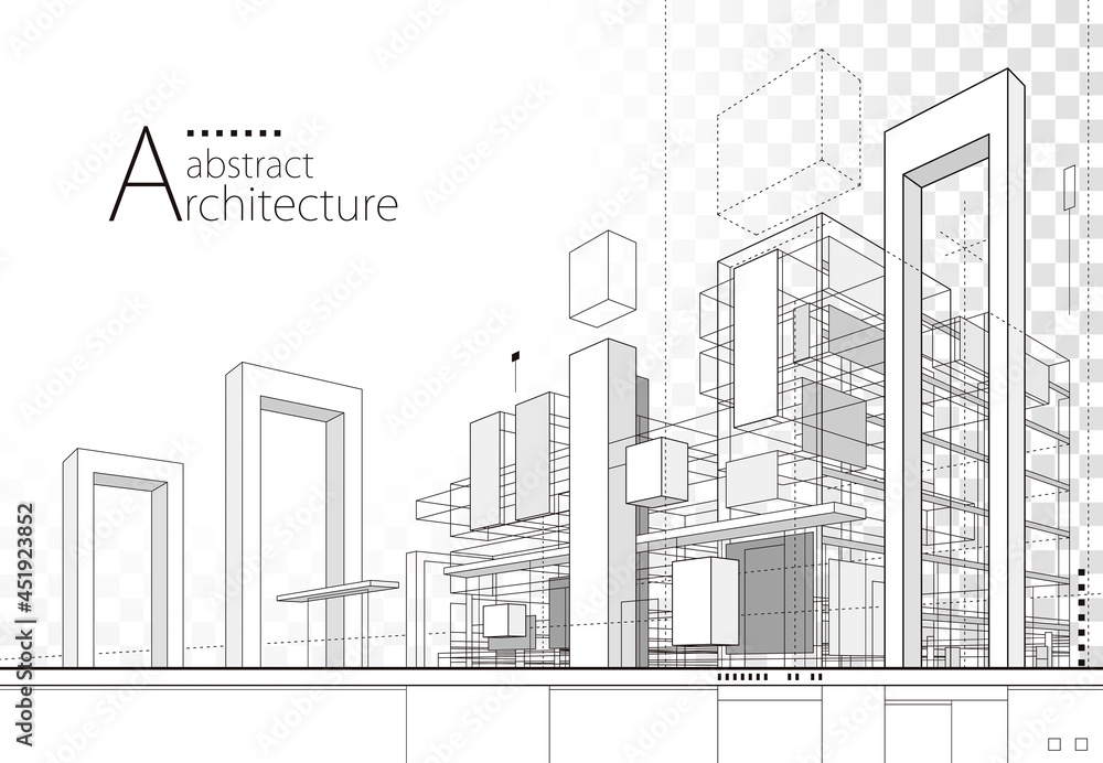 Poster 3D illustration linear drawing. Imagination architecture urban building design, architecture modern abstract background. 