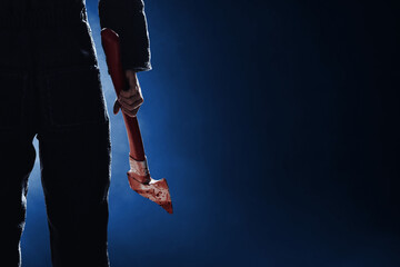 Serial killer with bloody axe - obrazy, fototapety, plakaty
