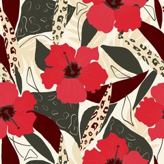 Seamless natural floral pattern, abstract red hibiscus  and abstract green palm leaves, white background. Hand drawing. Design for textiles, wallpapers, printed products. Vector illustration